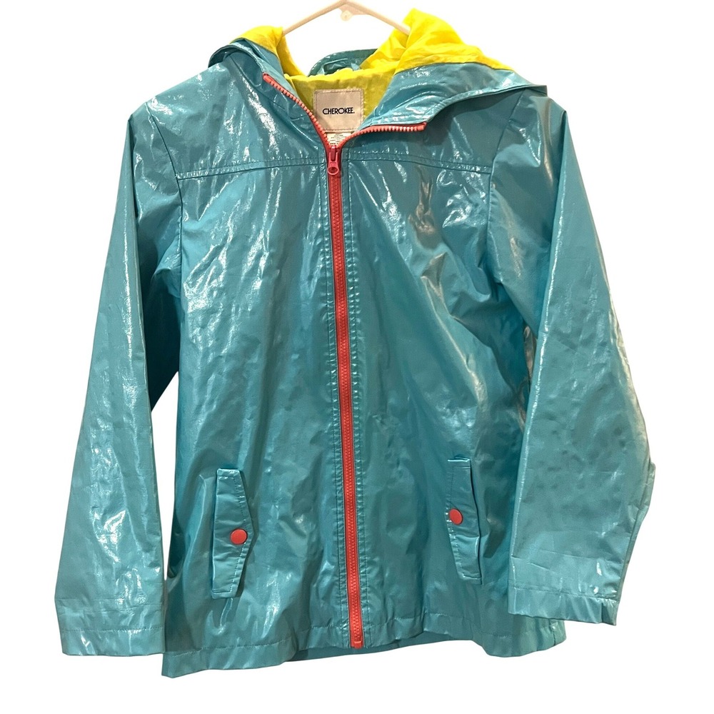 Cherokee Kids Teal Blue Glossy Rain Jacket Hooded Zip Up Slicker Pink Yellow